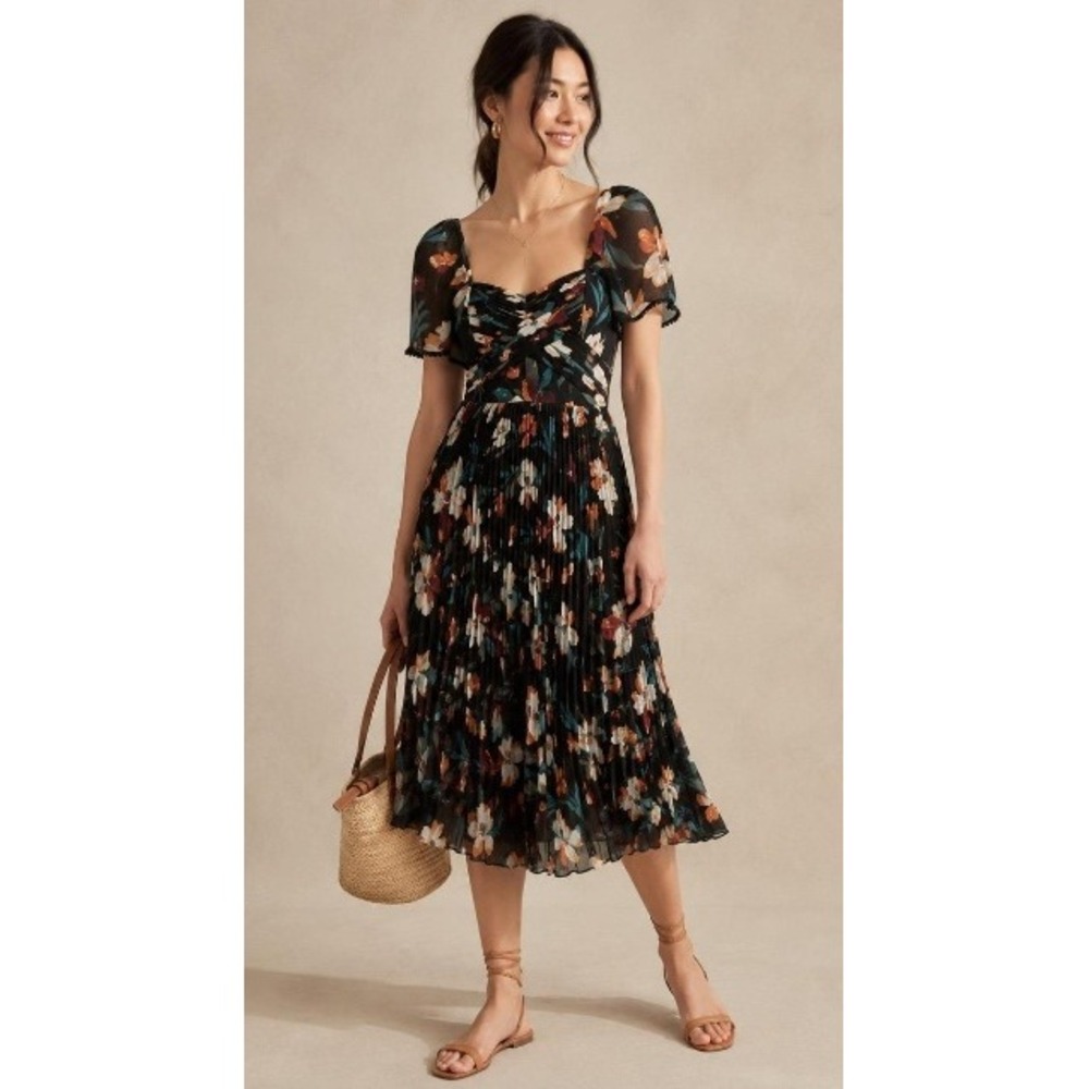 Foxiedox Black Floral Pleated Midi Dress M Sheer Sleeves Romantic Whimsigoth